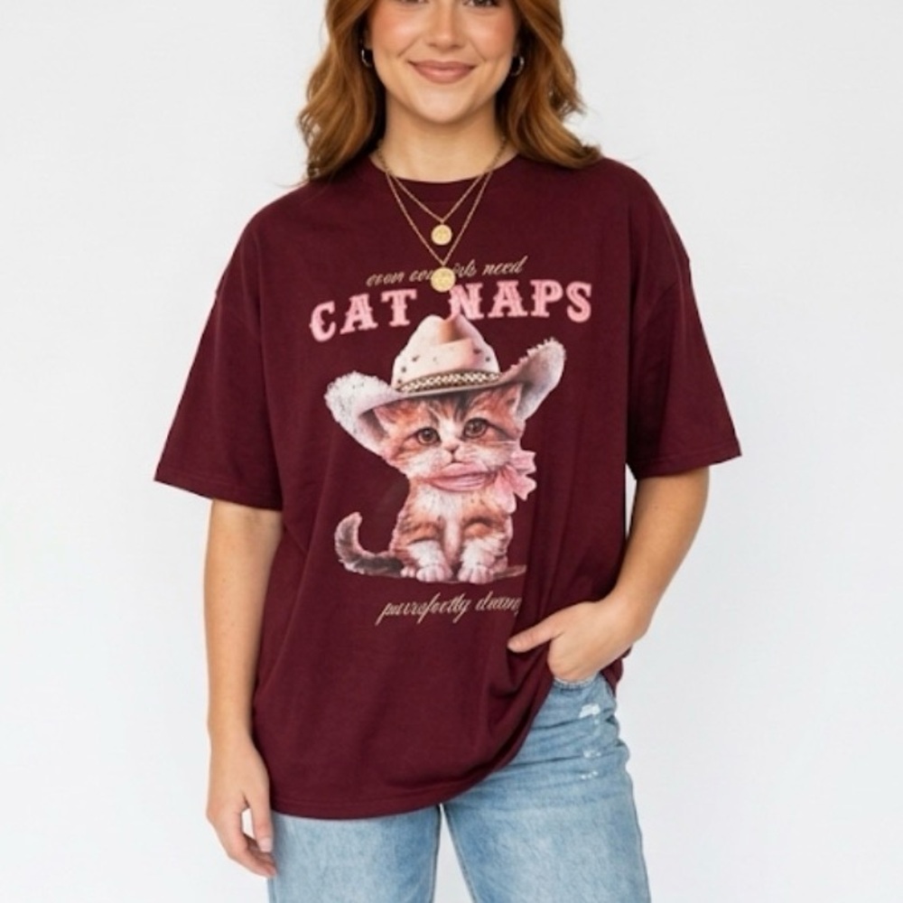 Arizona Body Maroon "CAT NAPS" Cowgirl Kitten Tee - Sz M - Distressed Print